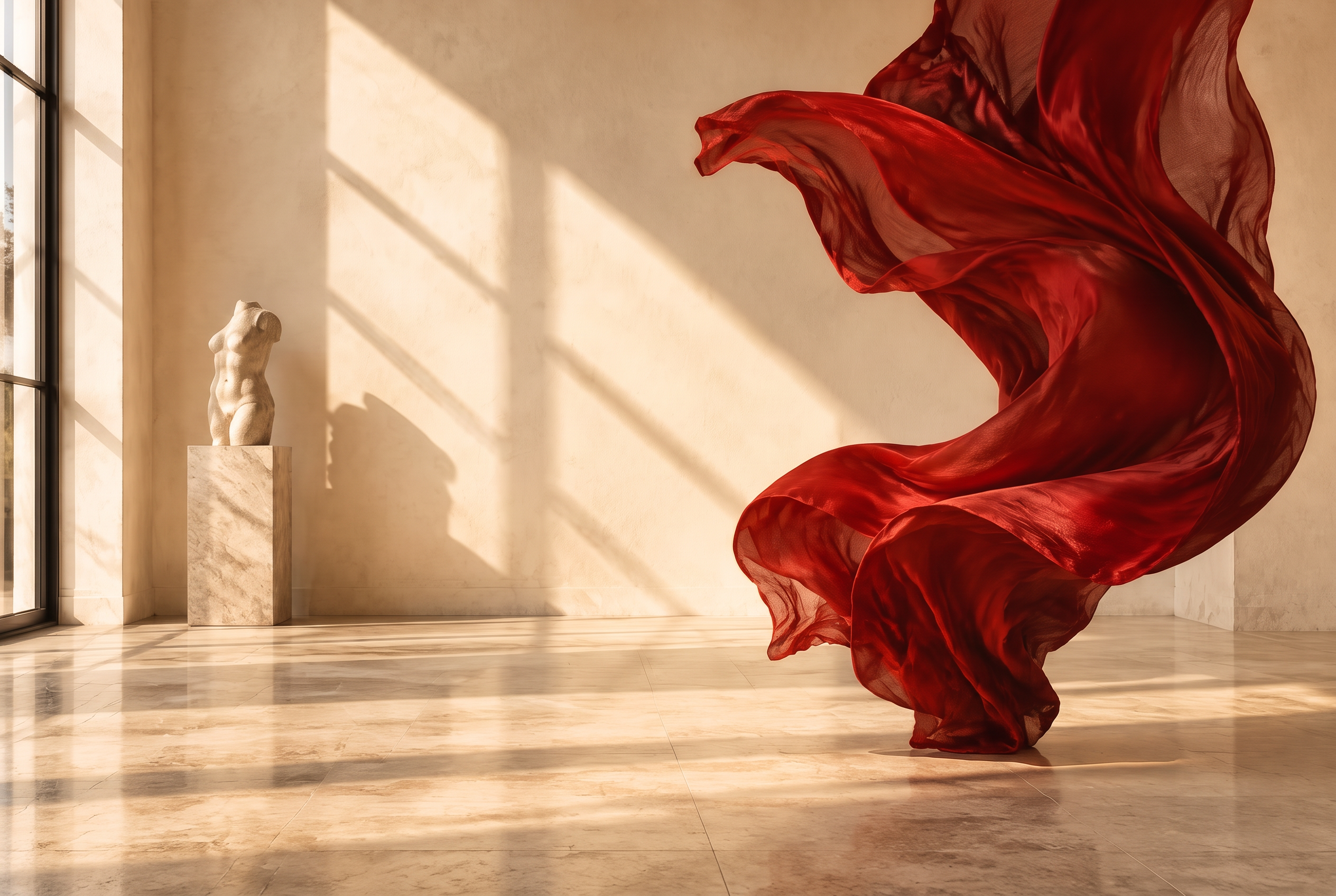 Crimson silk suspended in a sunlit ivory gallery, art direction for LUMÉEE Digital